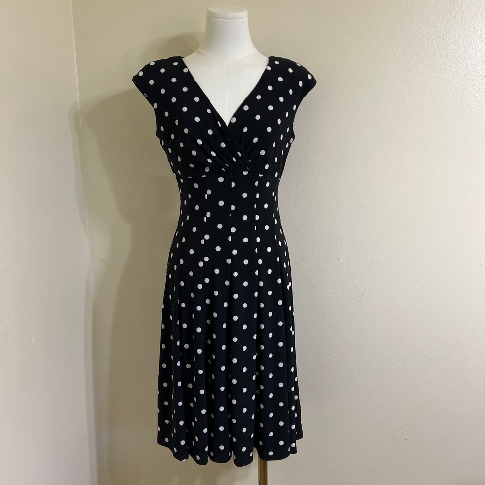 Lauren Ralph Lauren Polka Dot Dress Black White V-Neck Fit Flare Jersey Size 2